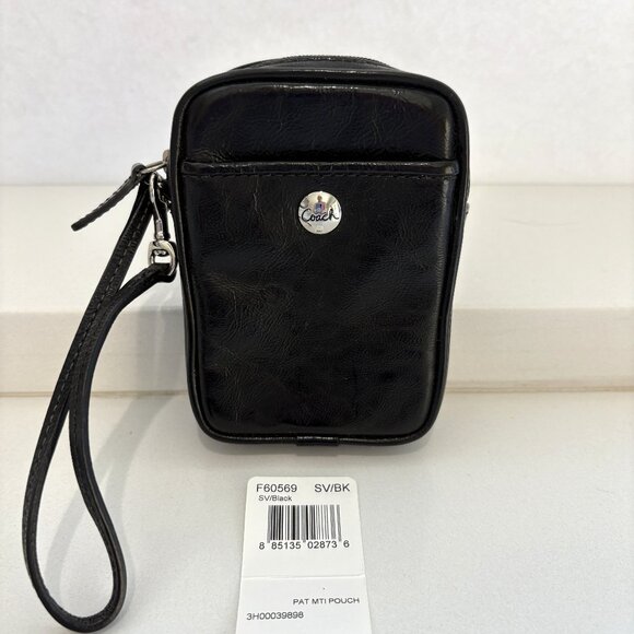 Coach Patent Multifunction Pouch Camera Case Zip Wallet Wristlet 60569 Black NEW - Picture 1 of 7